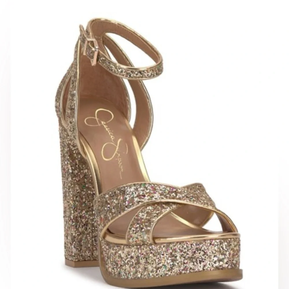 Jessica Simpson Gavynne Gold Glitter Platform Sz 10 (New) Prom or Wedding Shoe - Picture 2 of 5